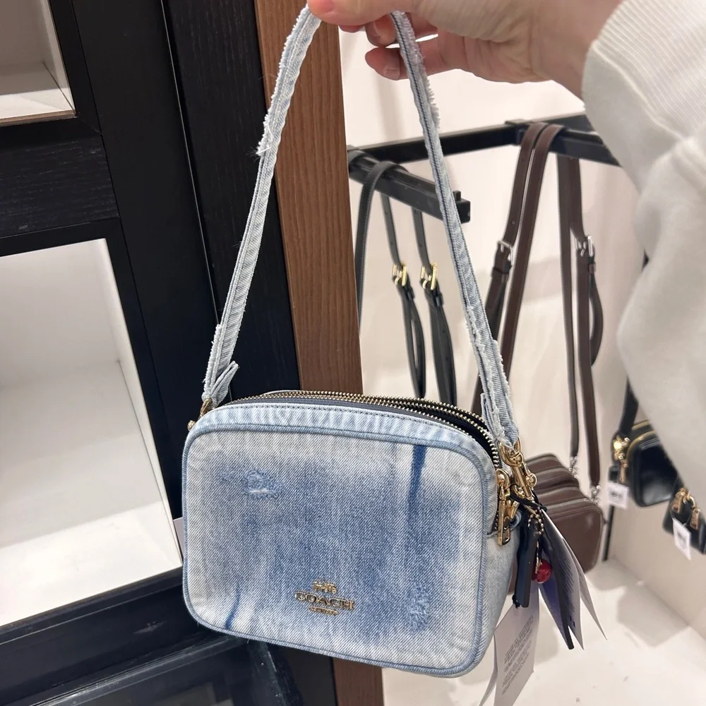 NWT🍒Coach Mini Carey Crossbody Bag In Loved Denim With Cherry Charms CEK75 Rare - Picture 3 of 8
